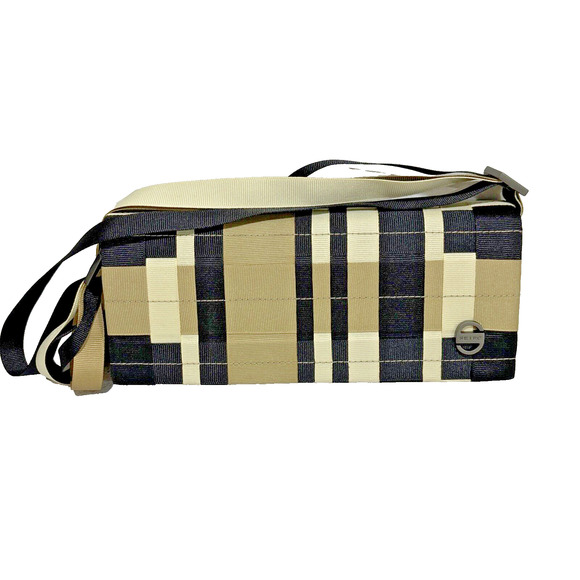 SEIRC Mini Shoulder Bag Clutch Purse Woven Ribbons Black Cream Taupe Chic Unique - Picture 2 of 10